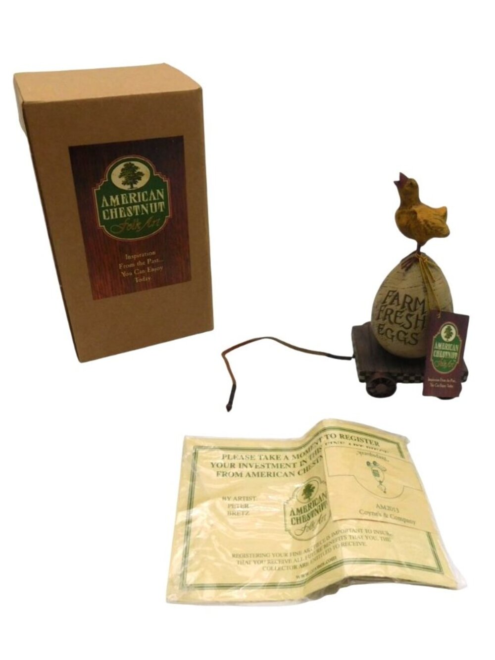 American Chestnut Folk Art Peepsqueak Figurine Chicken Standing on Egg With Box